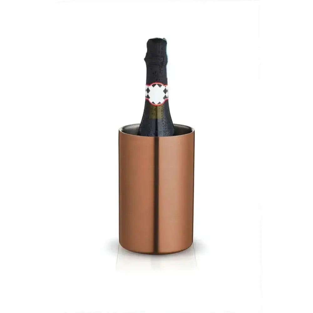 Bottle of champagne in a bronze cooler on a white background