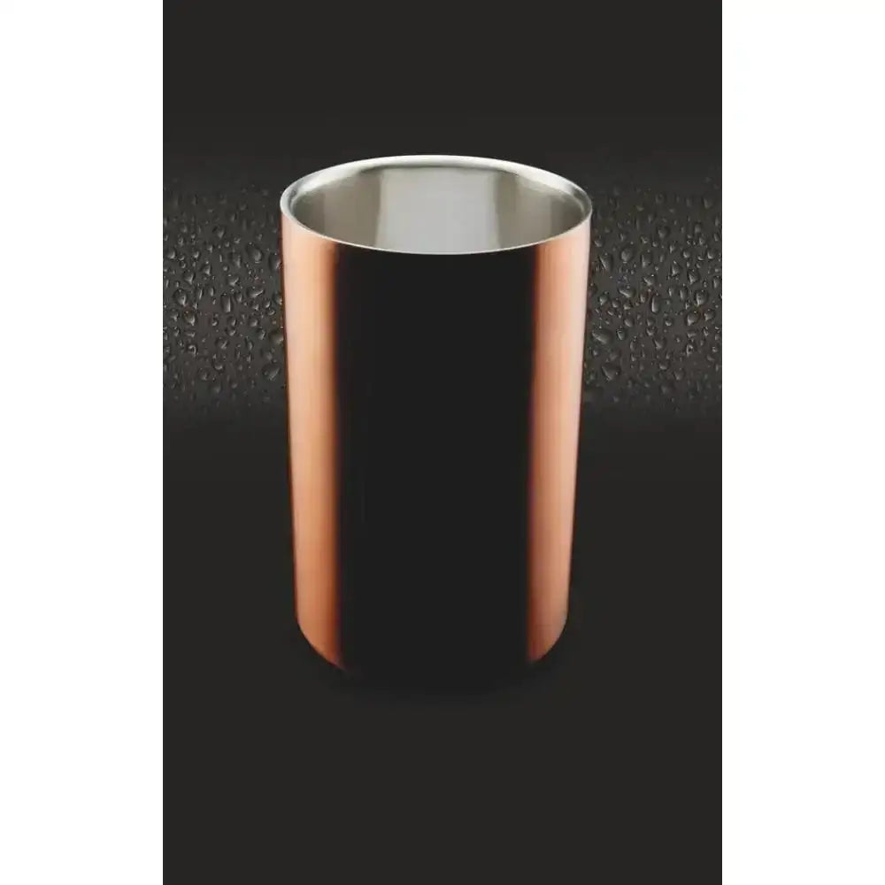 Copper-colored cylindrical container on a dark textured background