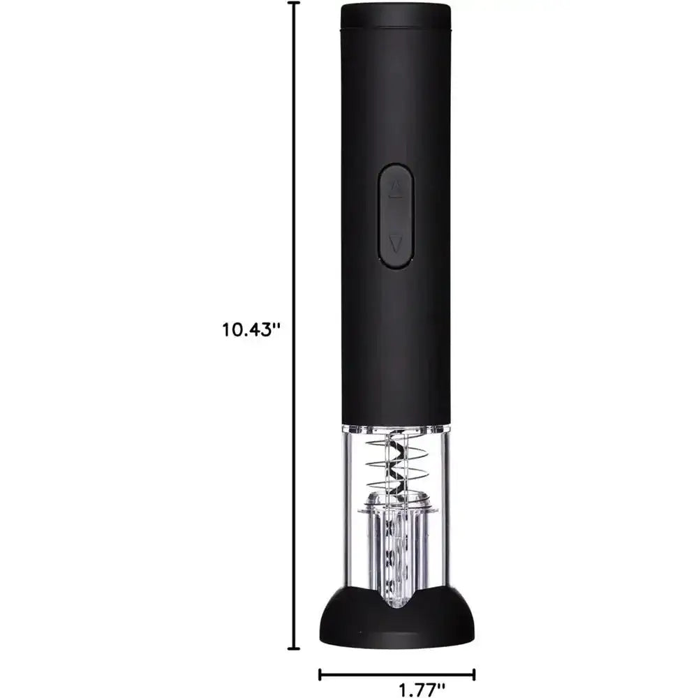 Black electric wine opener with measurements on a white background