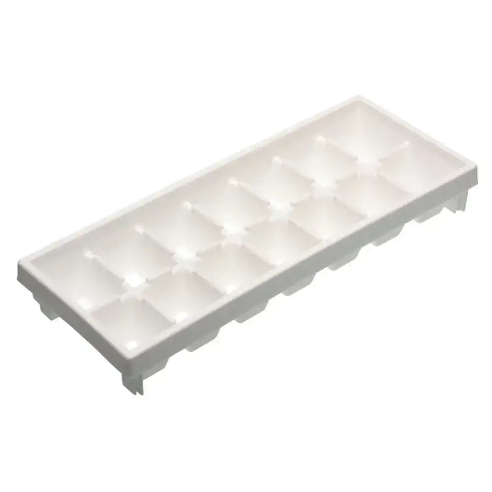 White plastic ice cube tray on a white background
