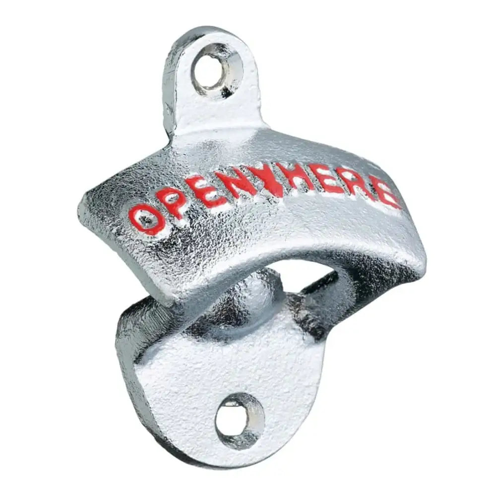 Metallic bottle opener with 'OPEN HERE' text on a white background