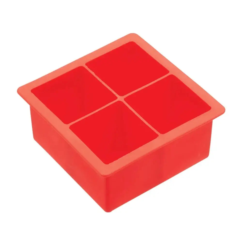 Red silicone ice cube tray on a white background