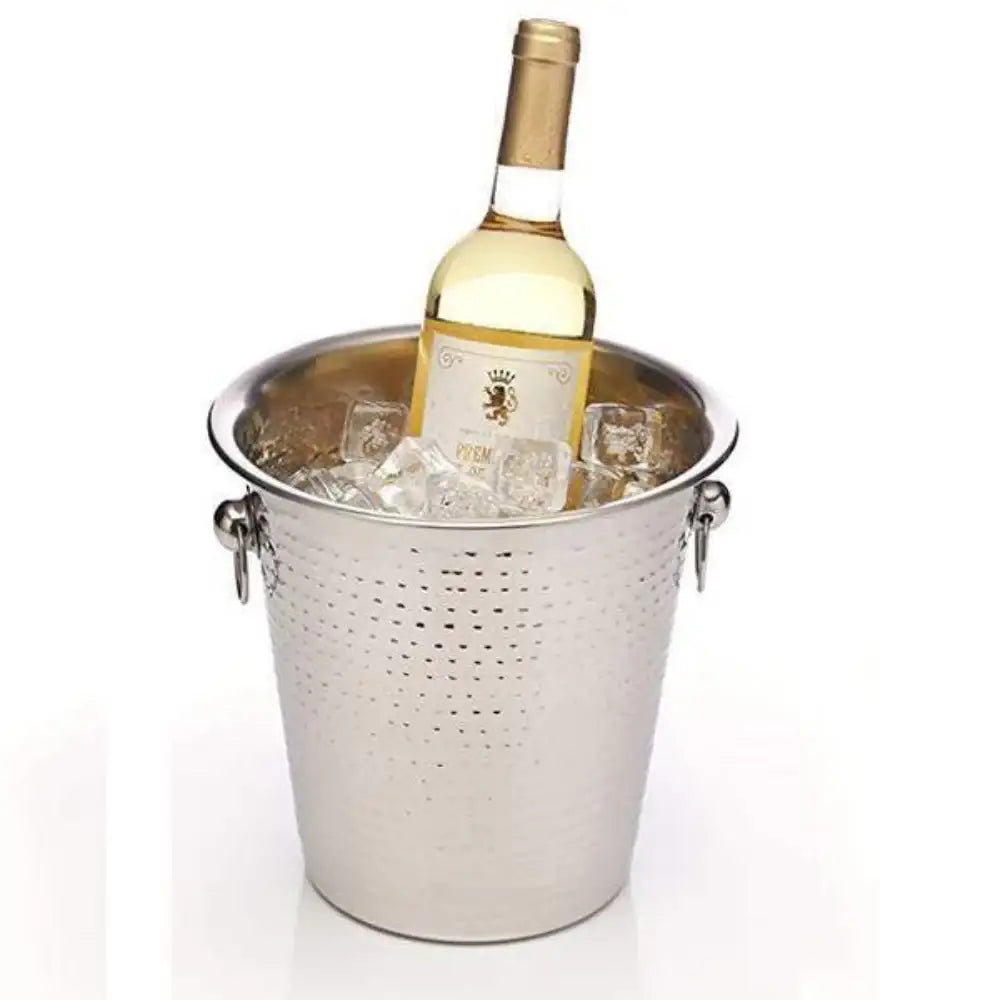 Bottle of white wine in a metal ice bucket on a white background