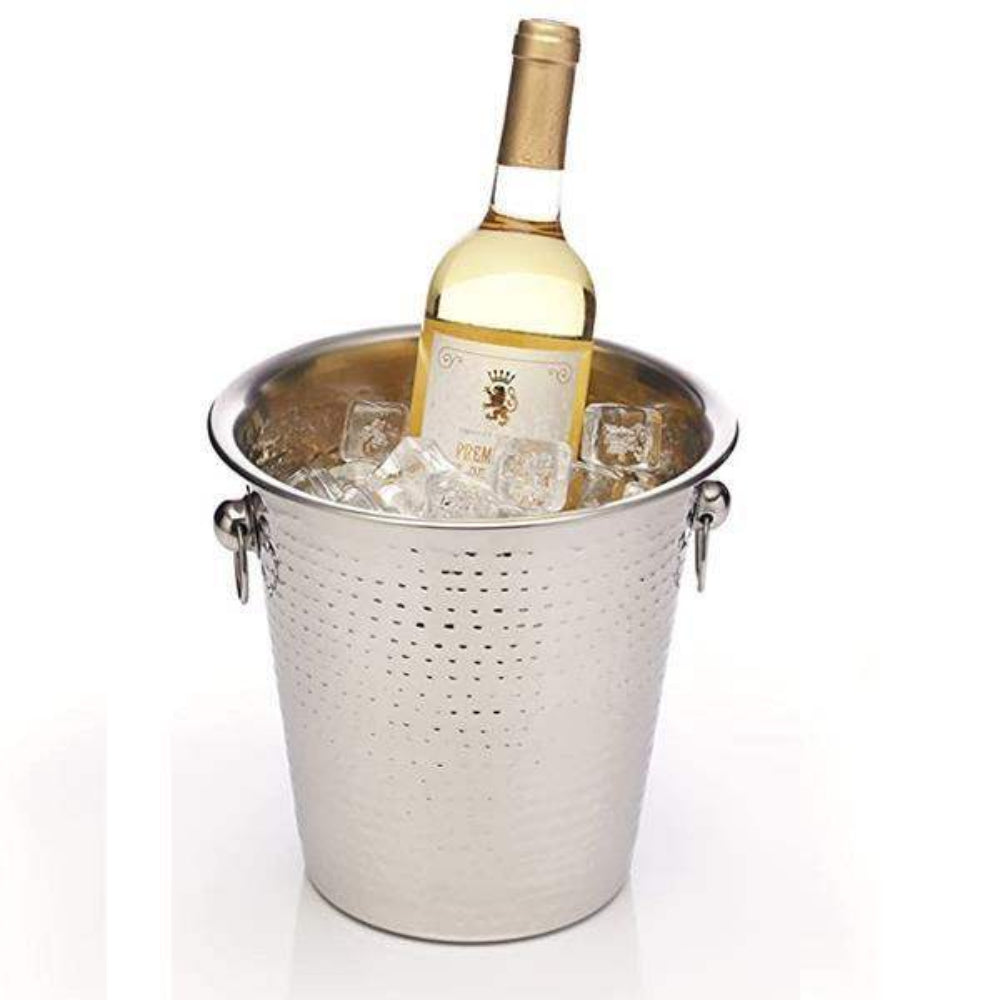 Bottle of white wine in a metal ice bucket on a white background