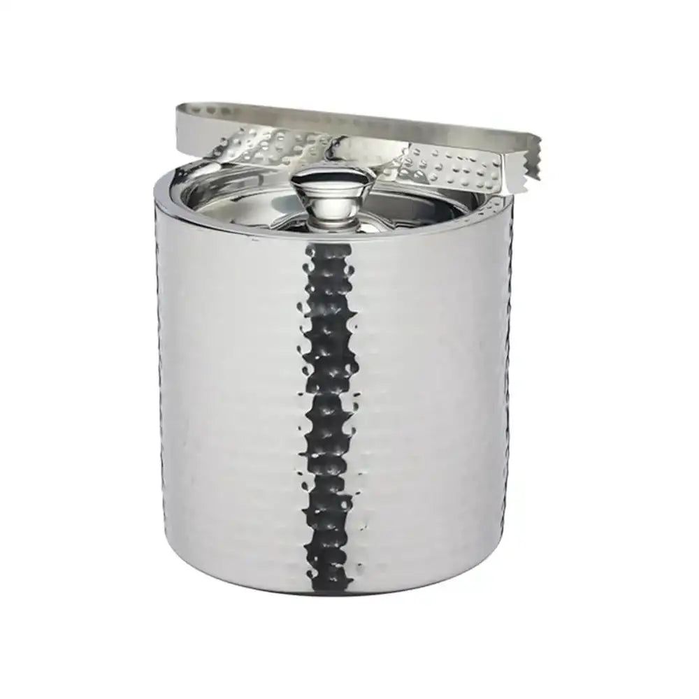 Stainless steel ice bucket with lid on a white background