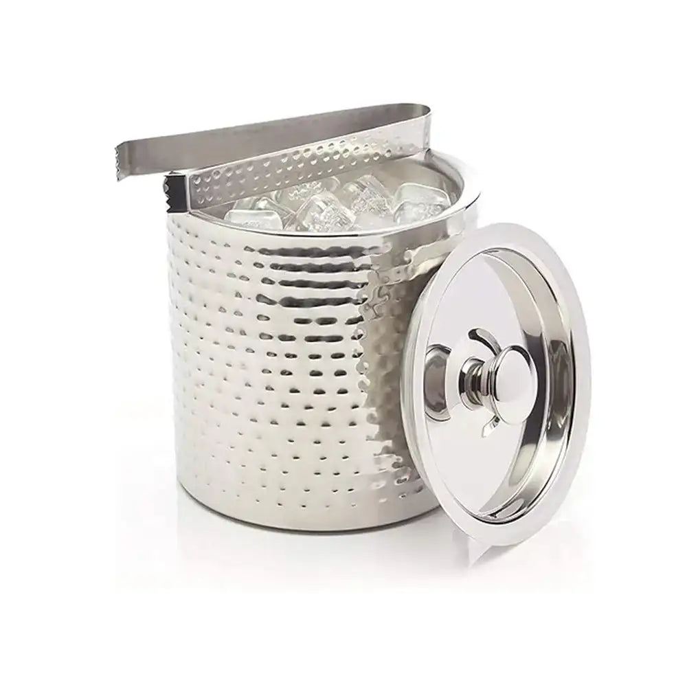 Metallic ice bucket with lid on a white background