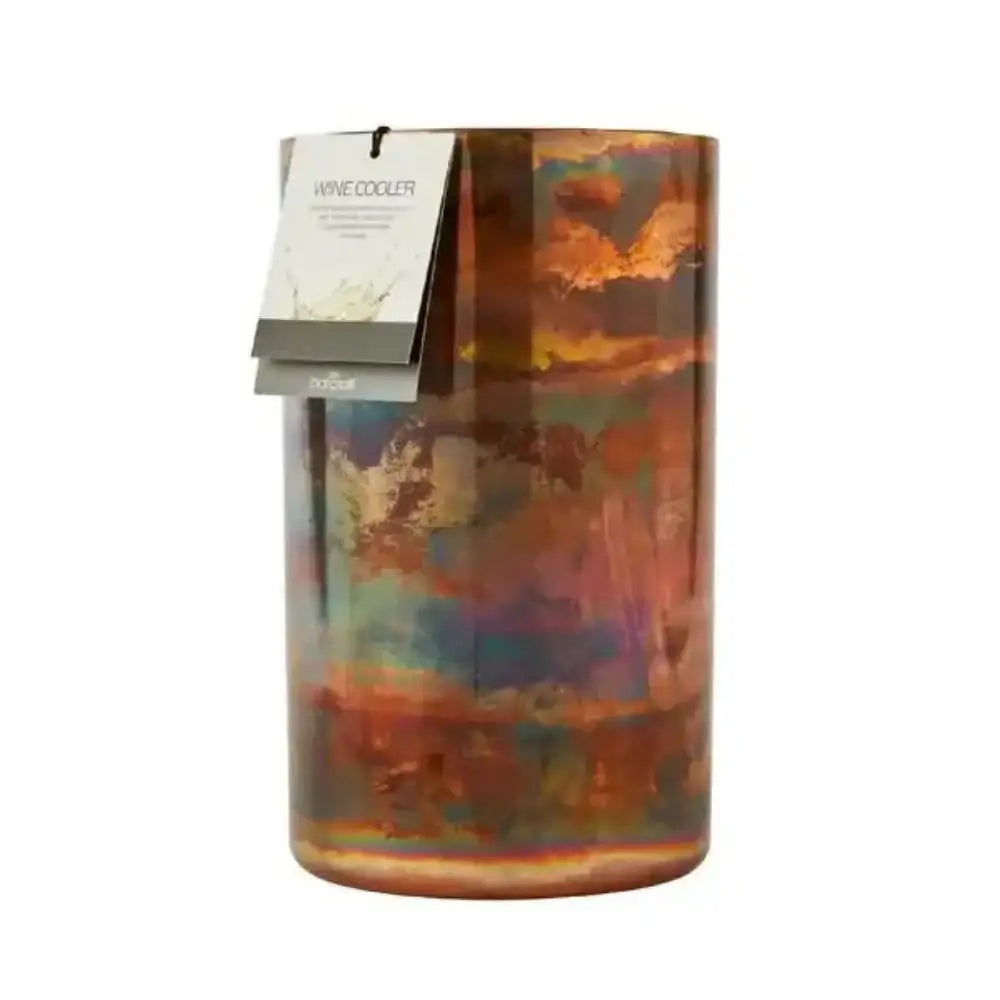 Colorful wine cooler with a visible brand tag on a white background
