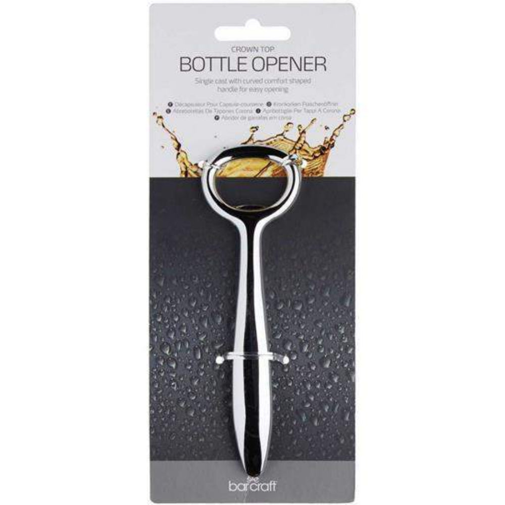 Crown top bottle opener on a gray and white packaging background