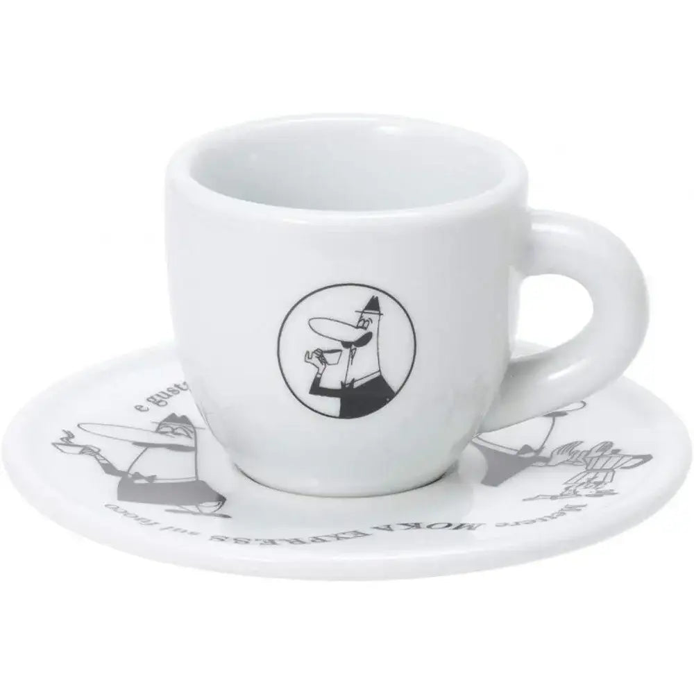 White espresso cup and saucer with black illustrations on a white background
