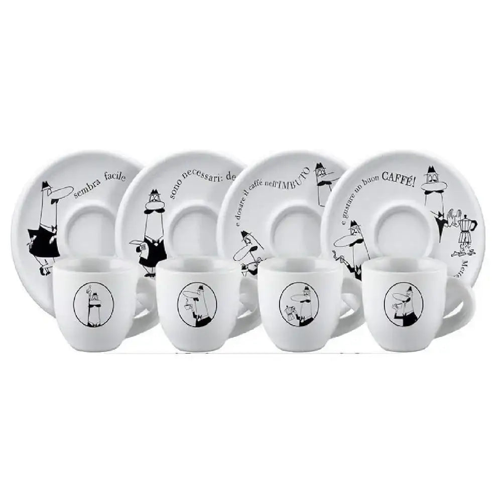 Set of white ceramic cups and saucers with black illustrations and text on a white background