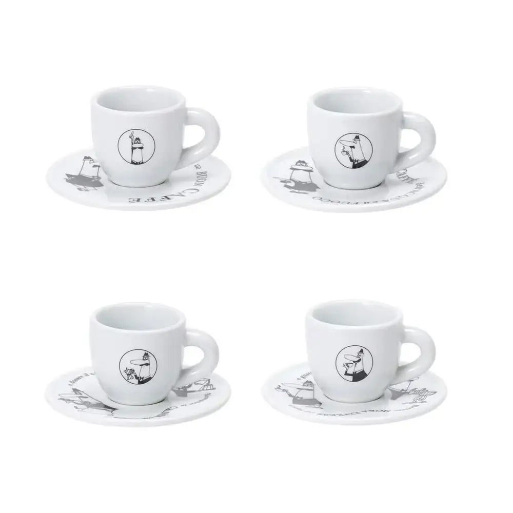 Set of four white espresso cups and saucers with black illustrations on a white background