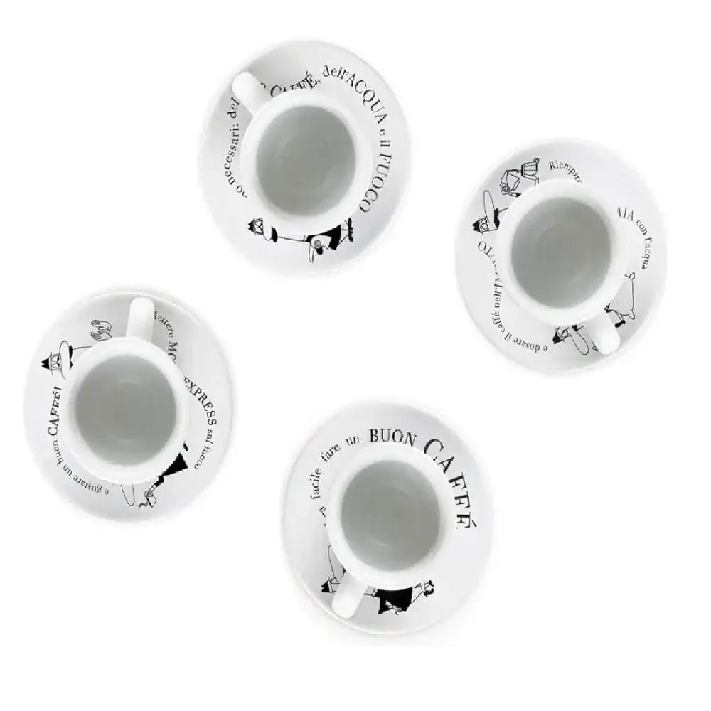 Set of four white espresso cups with black text on a white background