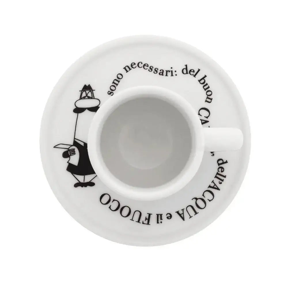 White ceramic product with black text and illustrations on a white background