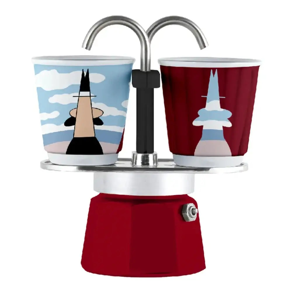 Double cup coffee maker with red base and cups featuring cartoon designs on a white background