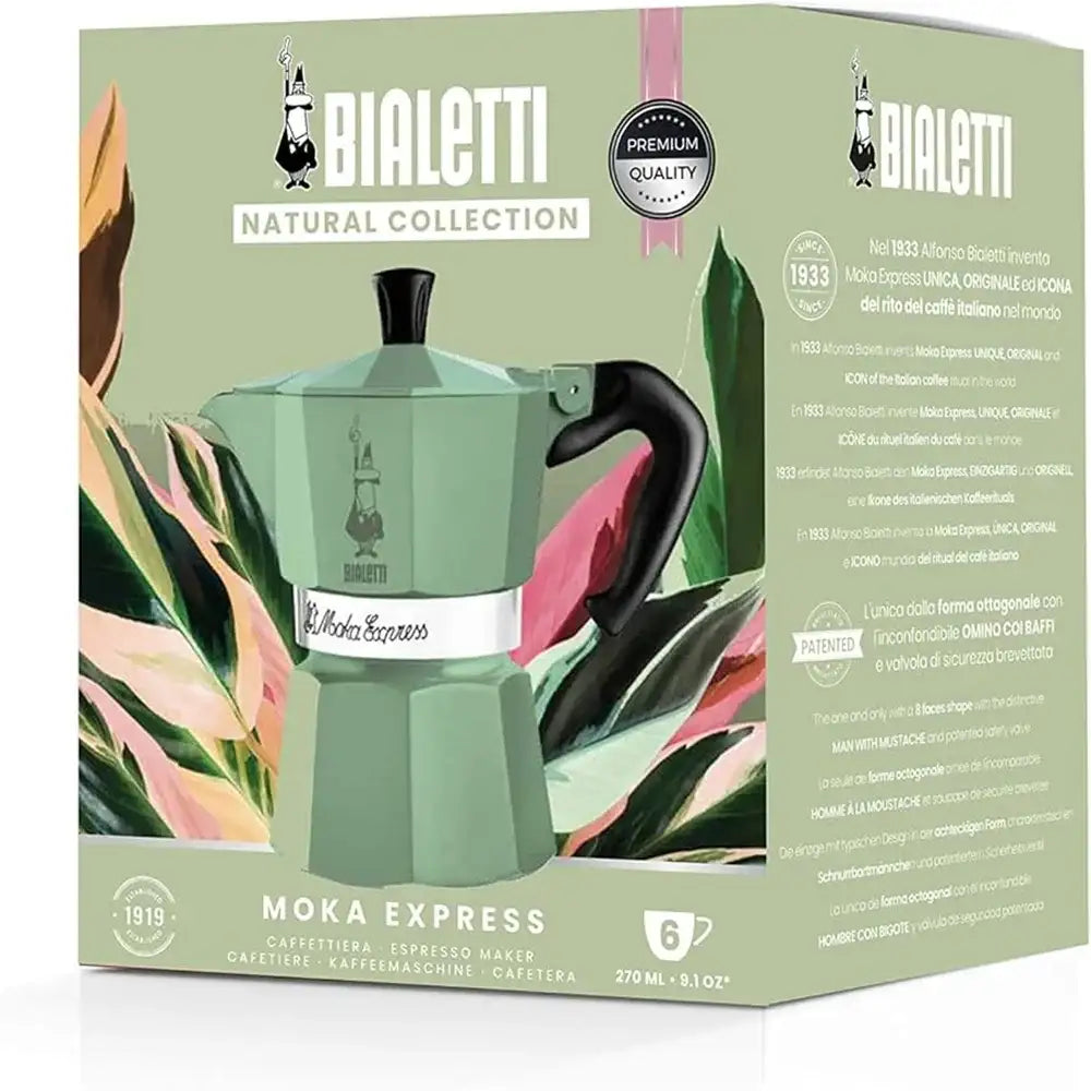 Bialetti Moka Express coffee maker packaging with green design and plant illustrations.