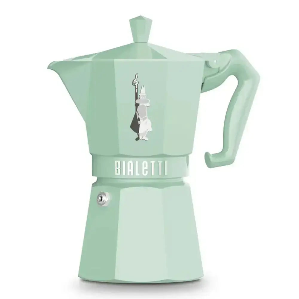 Mint green Bialetti coffee maker on a white background