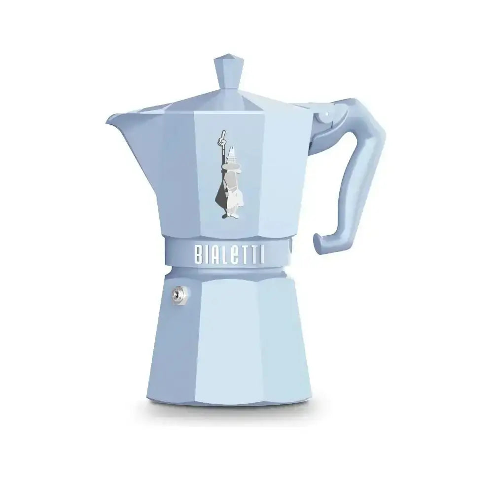 Light blue Bialetti coffee maker on a white background