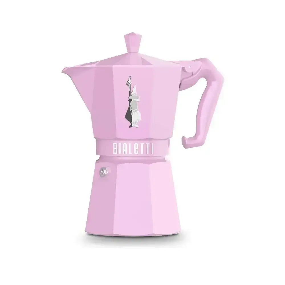 Pink Bialetti coffee maker on a white background