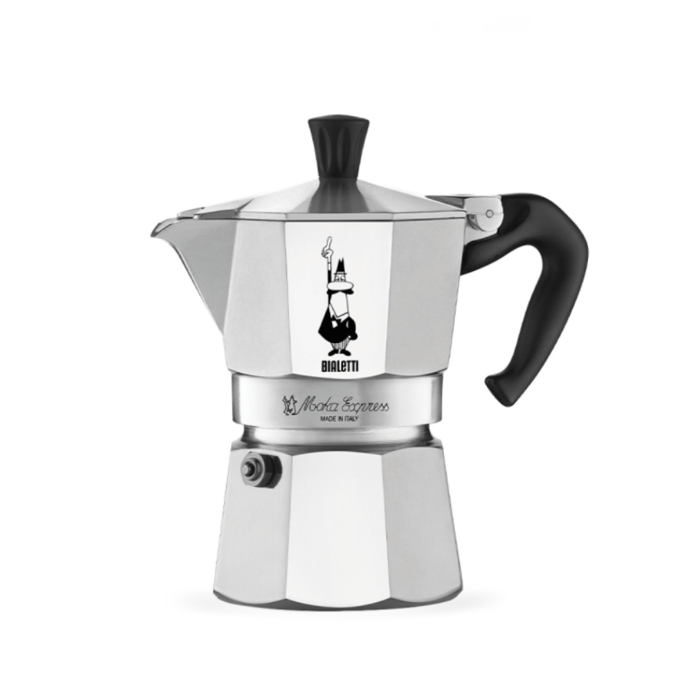 Silver Bialetti moka pot on a white background.