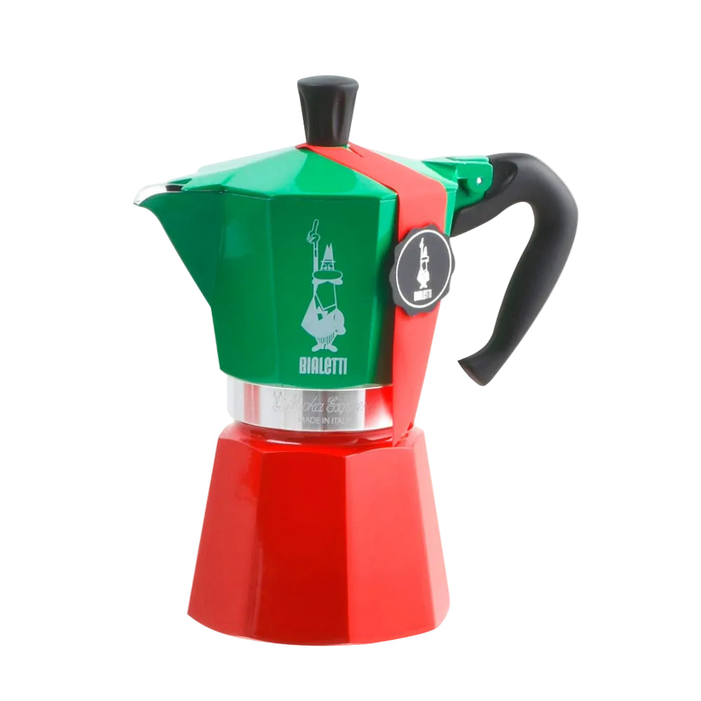Green and red Bialetti coffee maker on a white background.