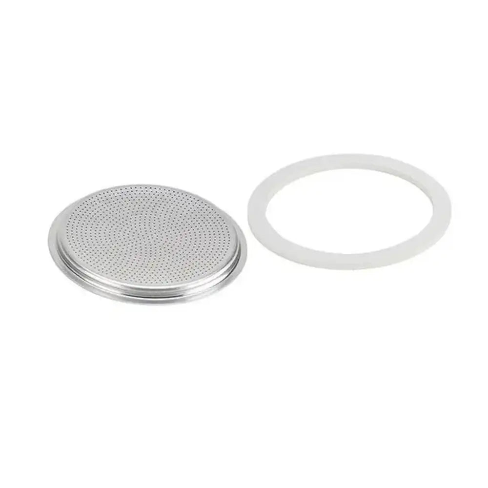 Metallic filter disc with a gasket on a white background