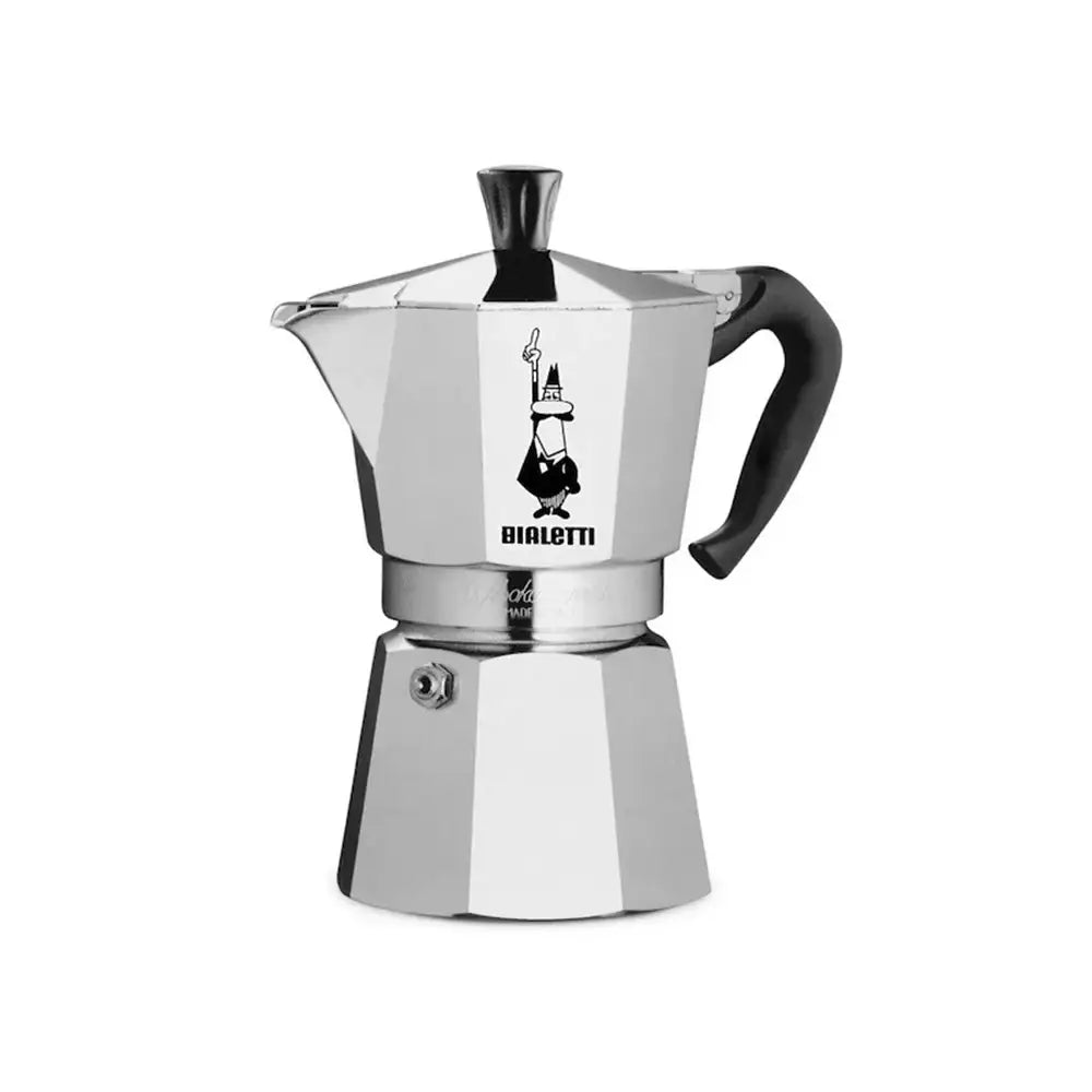 Stainless steel Bialetti coffee maker on a white background