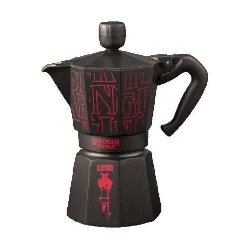 Black coffee maker with red text and 'Stranger Things' branding on a white background