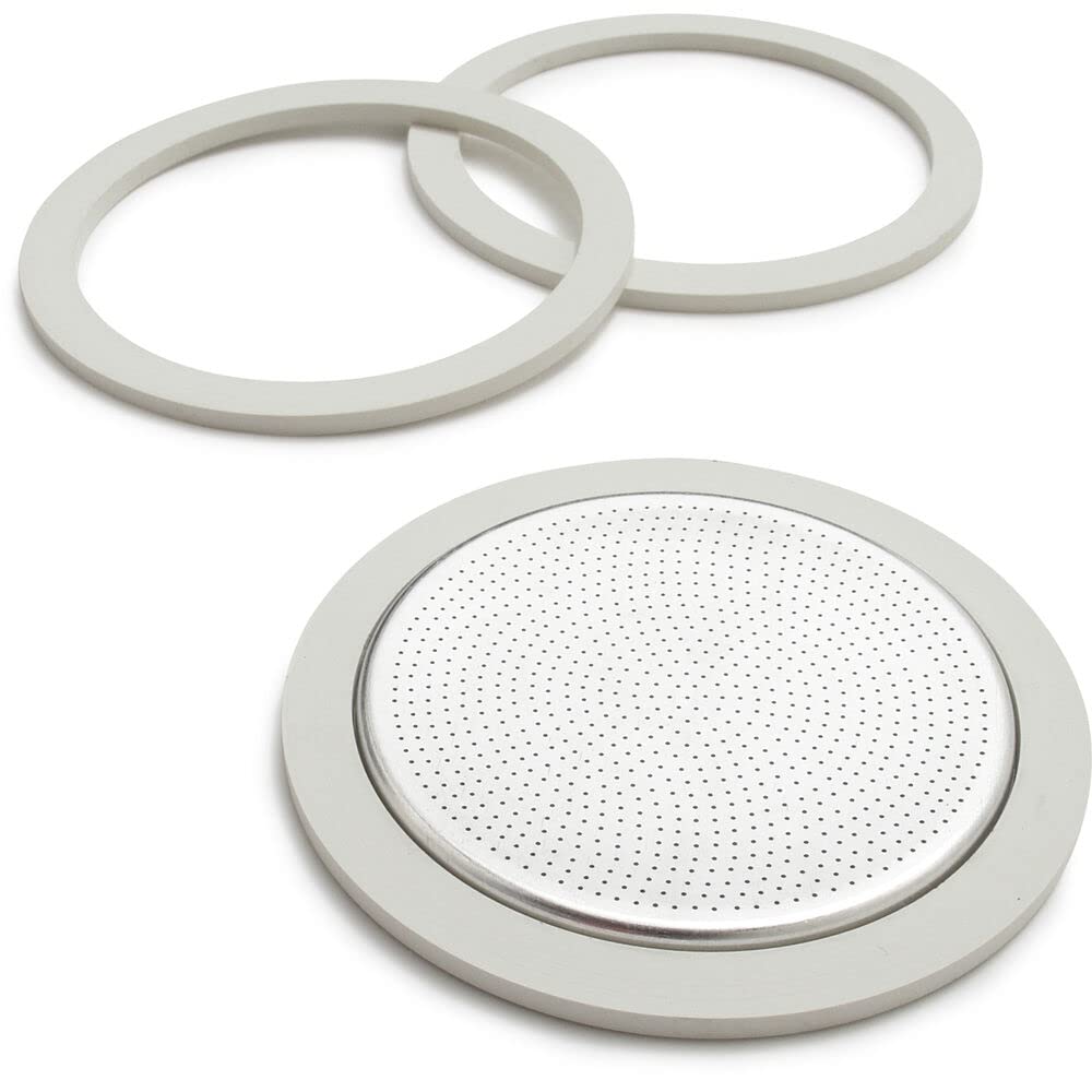 Moka gasket & filter replacement parts on a white background.