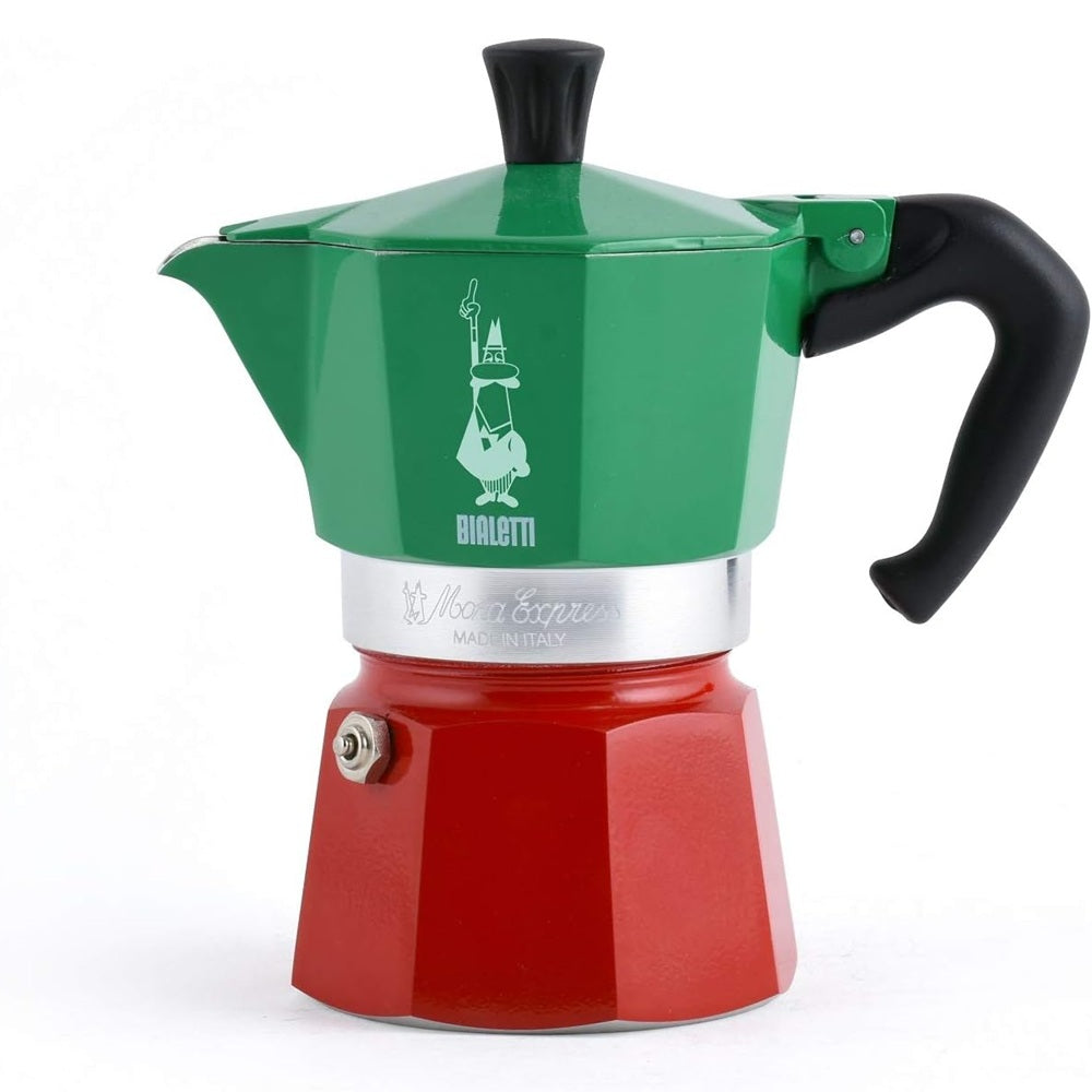 Green and red coffee maker with black handle on a white background