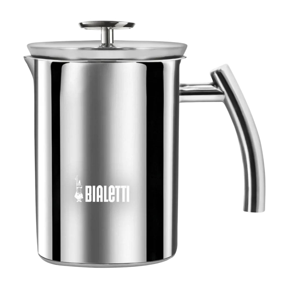 Stainless steel Bialetti milk frother on a white background.