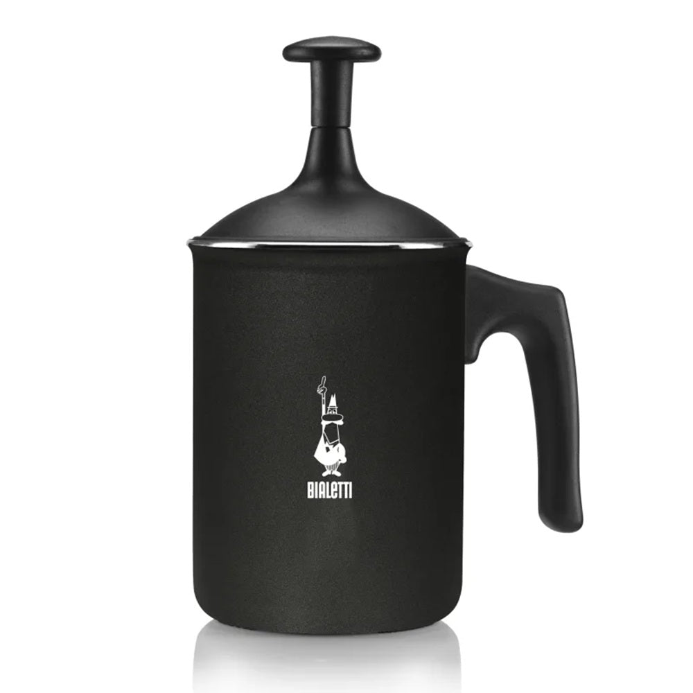 Black Bialetti milk frother on a white background