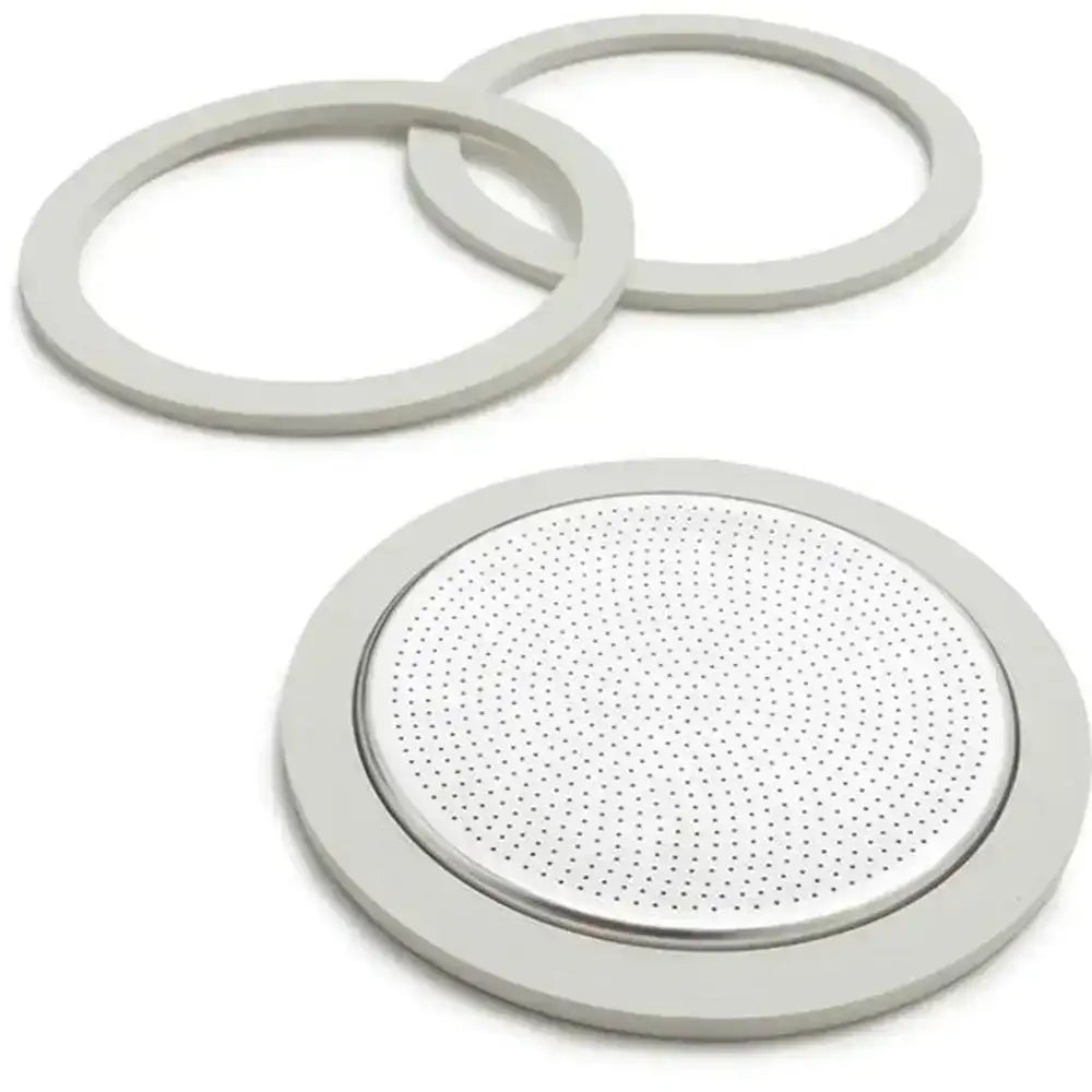 Three circular metal filters on a white background