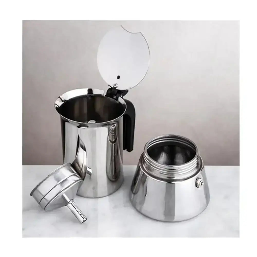 Stainless steel coffee pot with lid and funnel on a white surface
