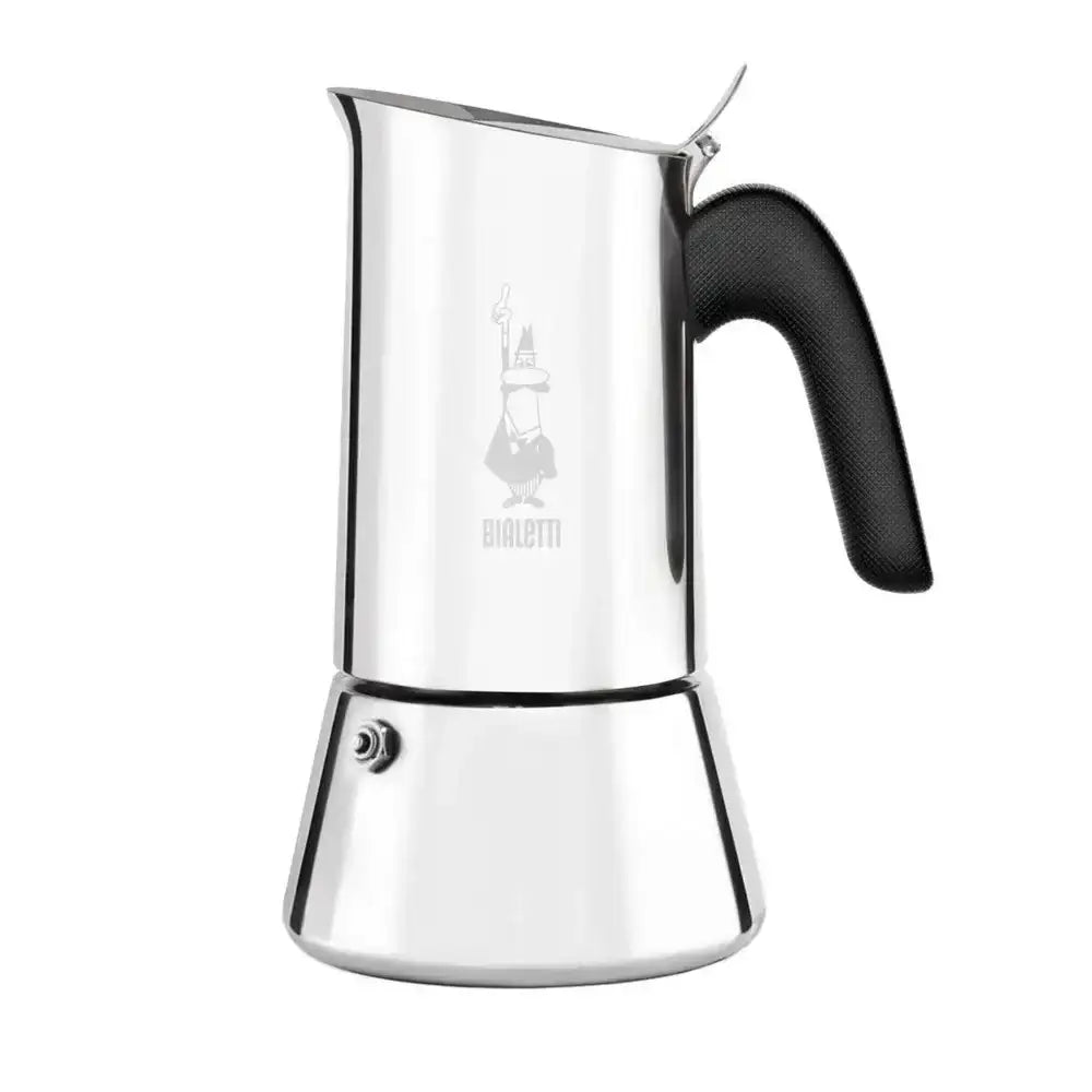 Stainless steel espresso maker with black handle on a white background