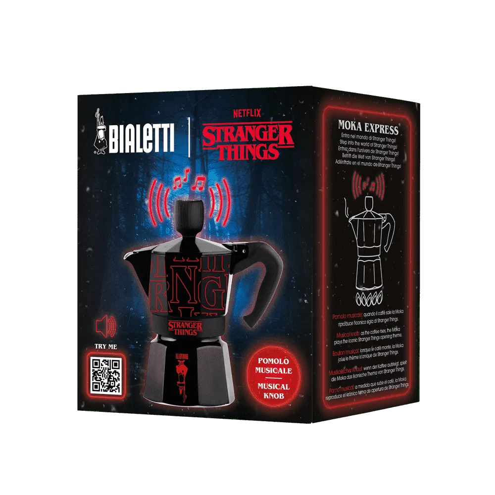 Bialetti Moka Express with Stranger Things branding on packaging