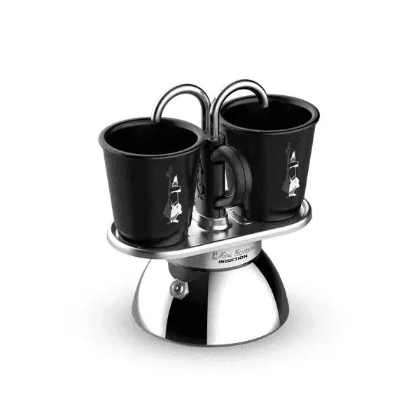 Café Au Lait holder with two black cups on a white background