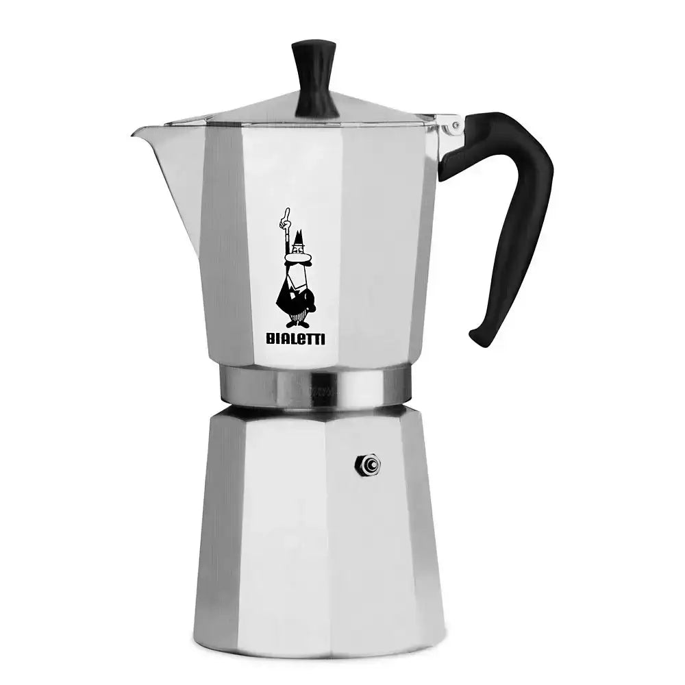 Stainless steel Bialetti coffee maker on a white background