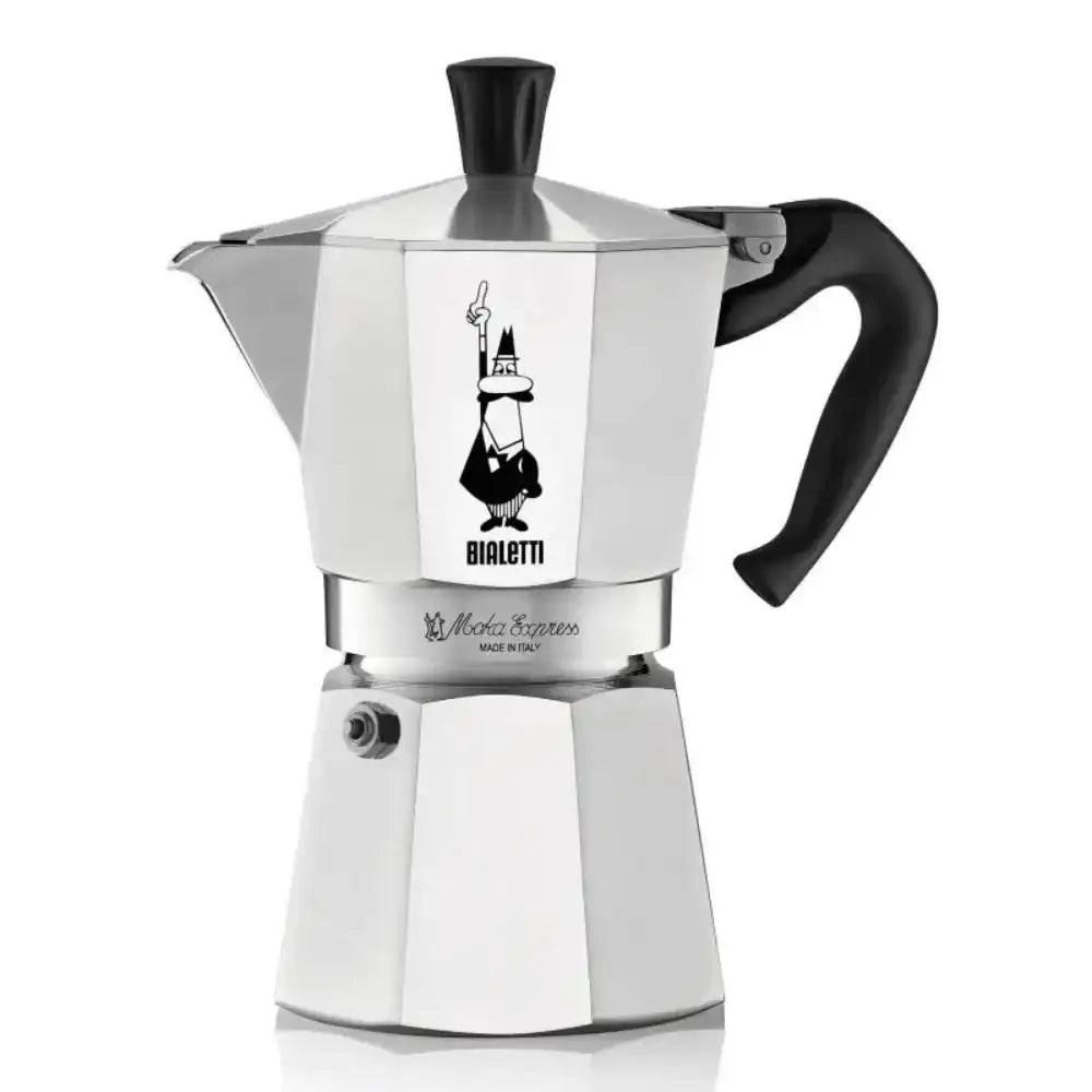 Silver Bialetti coffee maker with black handle on a white background