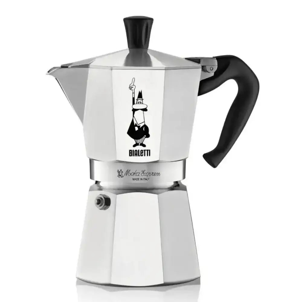 Silver Bialetti coffee maker with black handle on a white background
