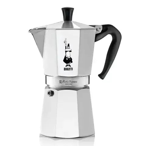 Stainless steel espresso maker with black handle on a white background