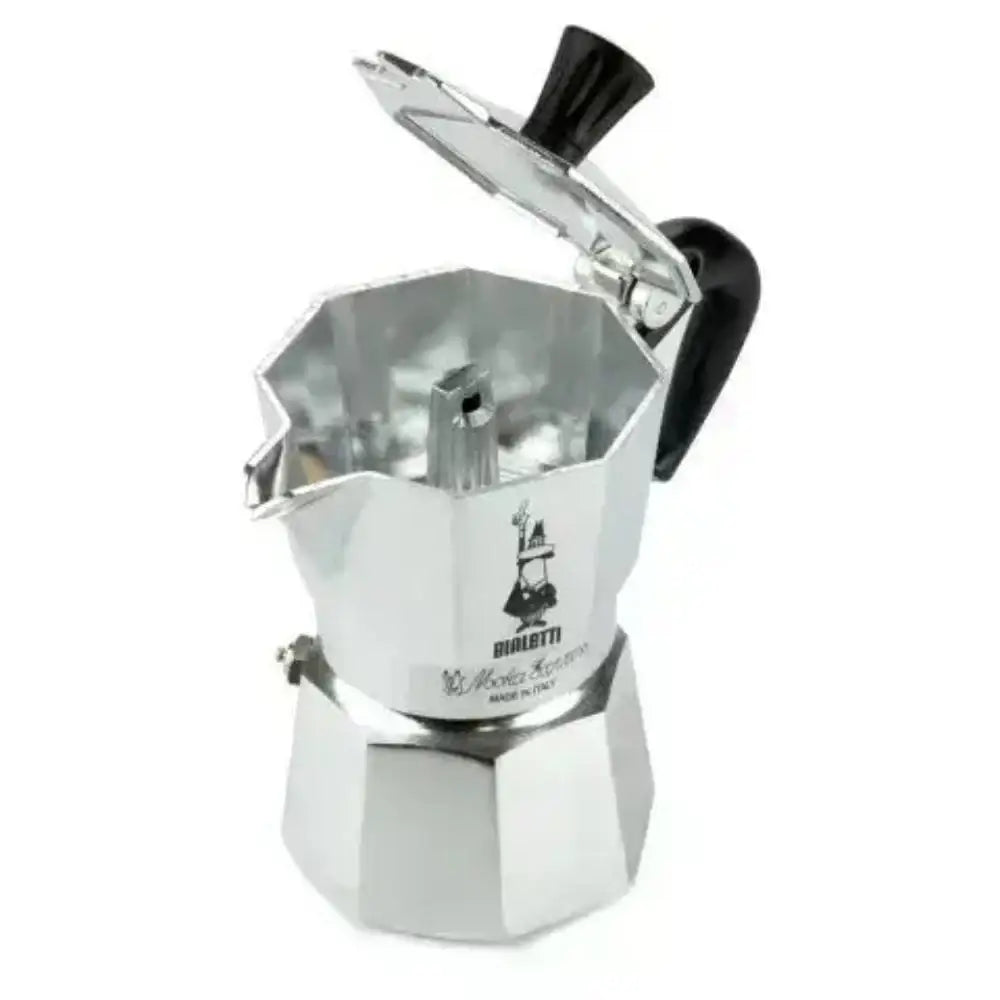 Silver Bialetti Moka Express coffee maker on a white background