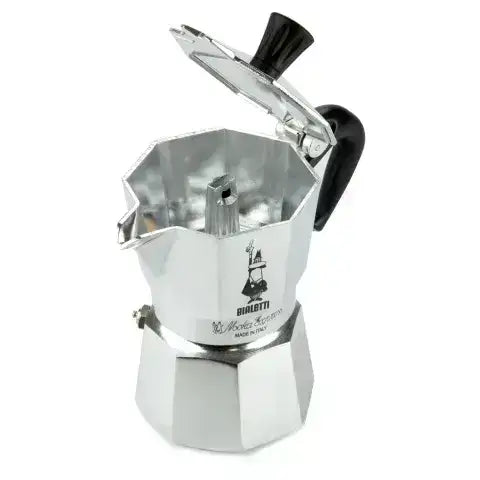 Silver Bialetti Moka Express coffee maker on a white background