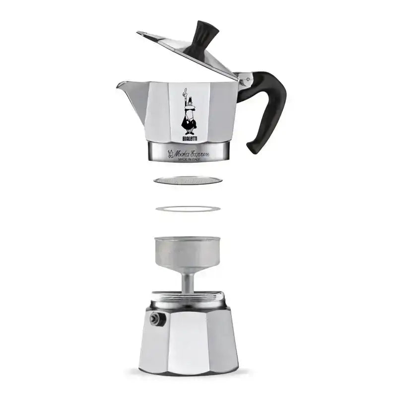 Stainless steel espresso maker with black handle on a white background