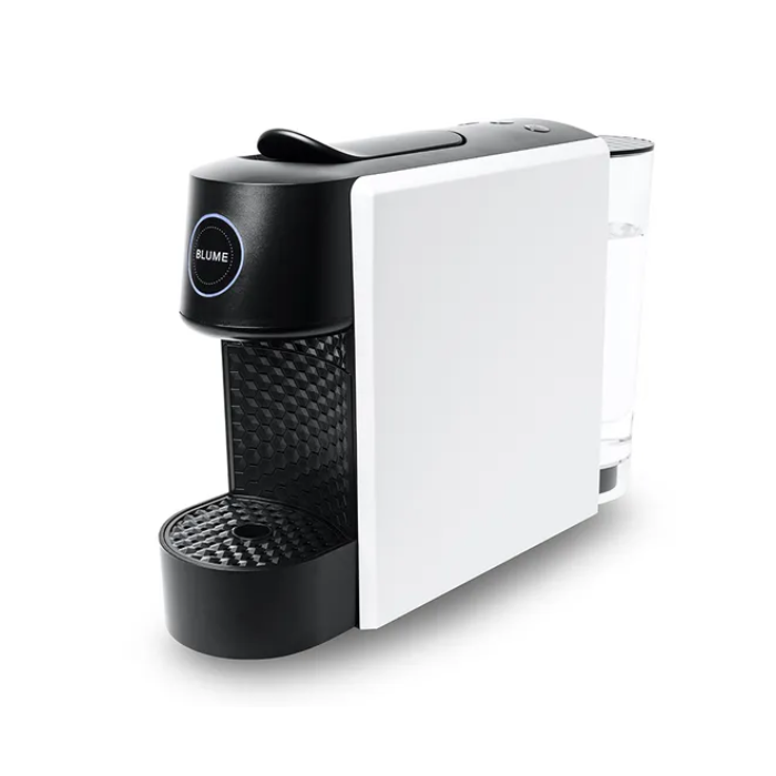 White capsule espresso machine on a white background