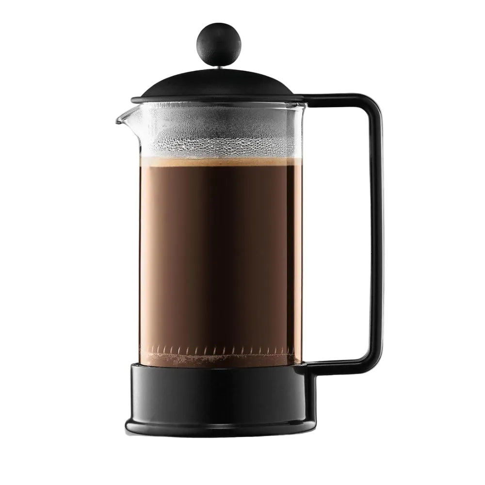 Black french press coffee maker on a white background.