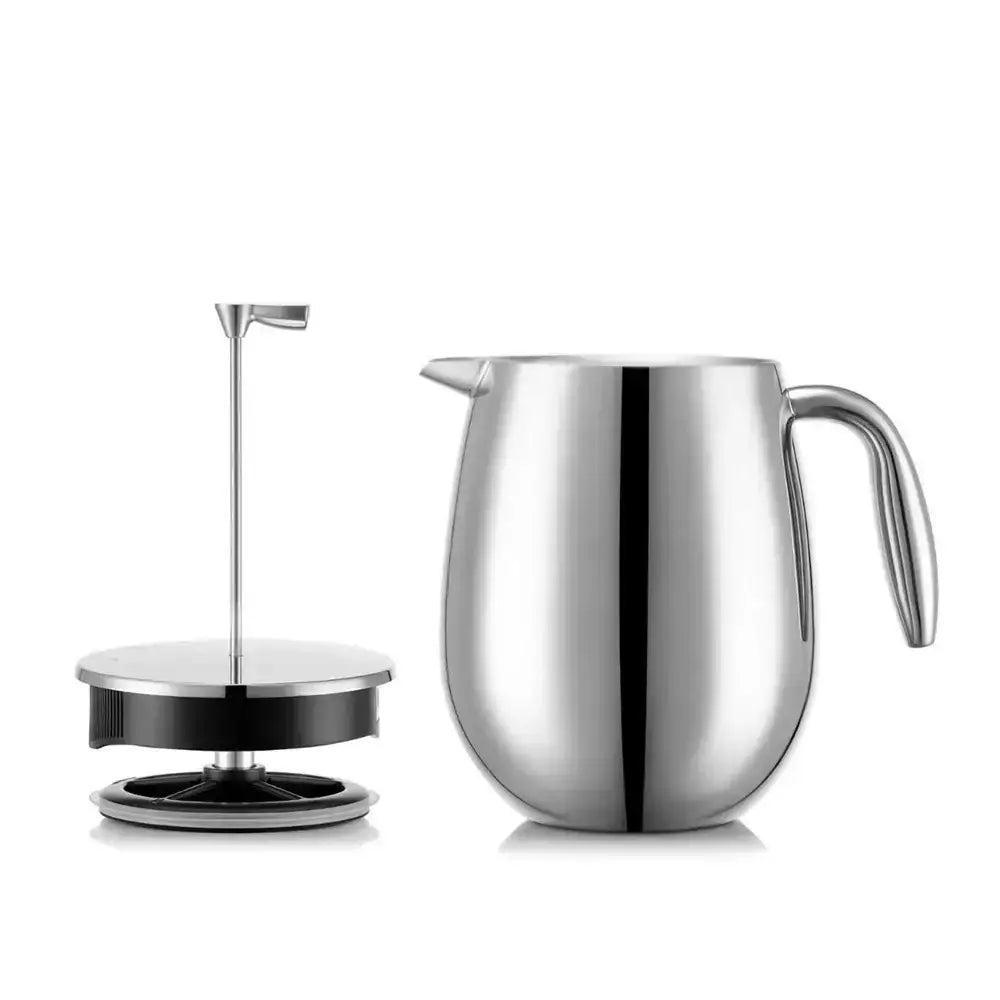 Stainless steel milk frother and pitcher on a white background