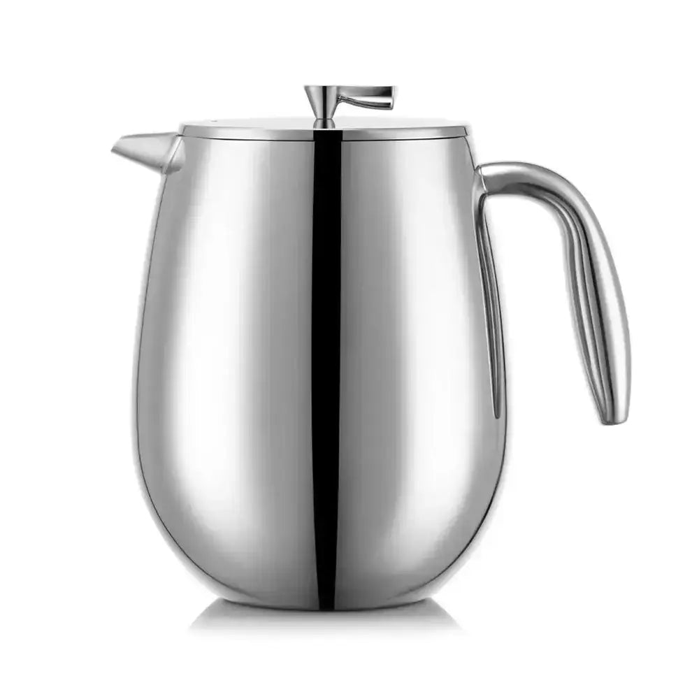 Stainless steel french press on a white background