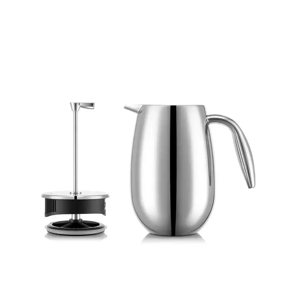 Stainless steel french press and French press on a white background