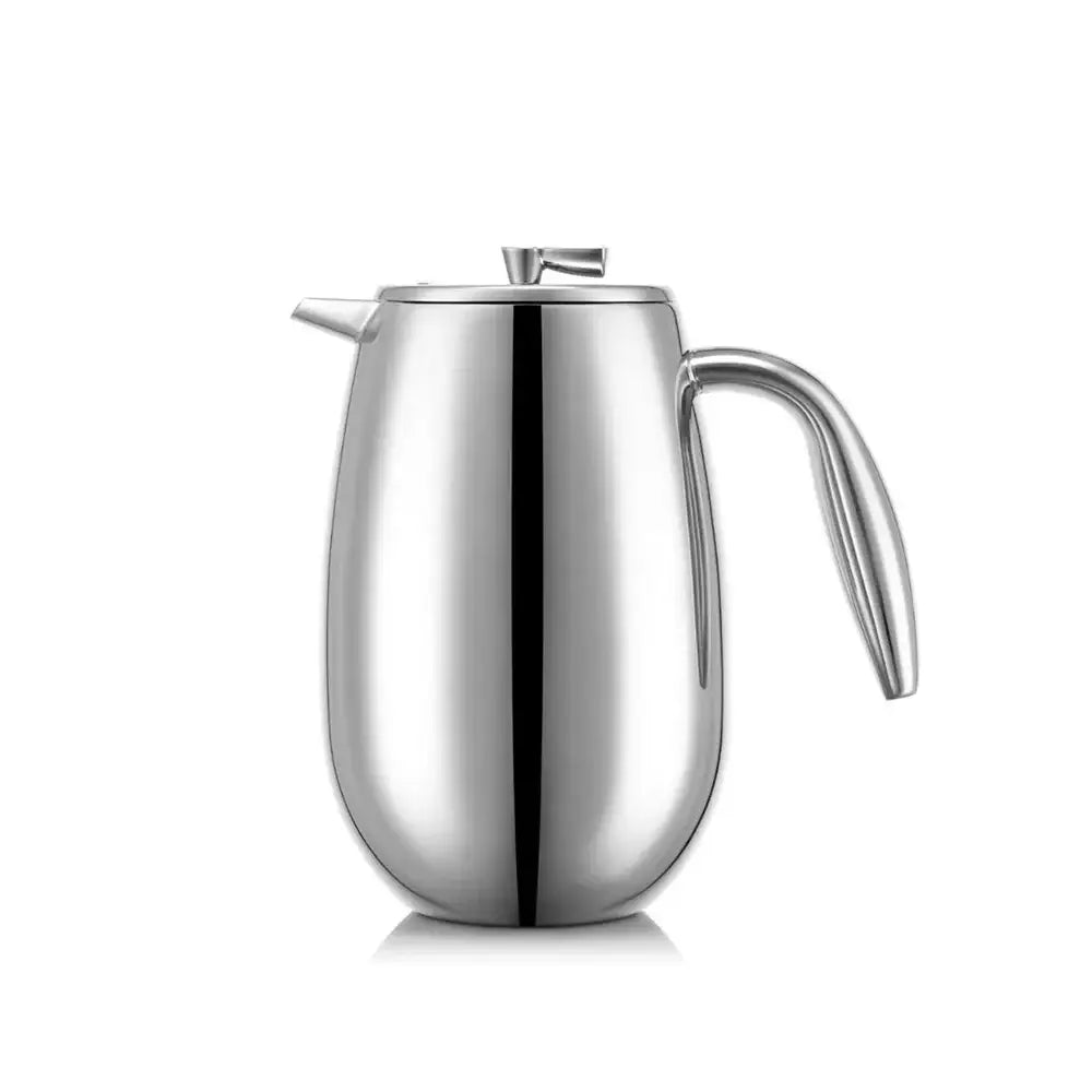Stainless steel french press on a white background