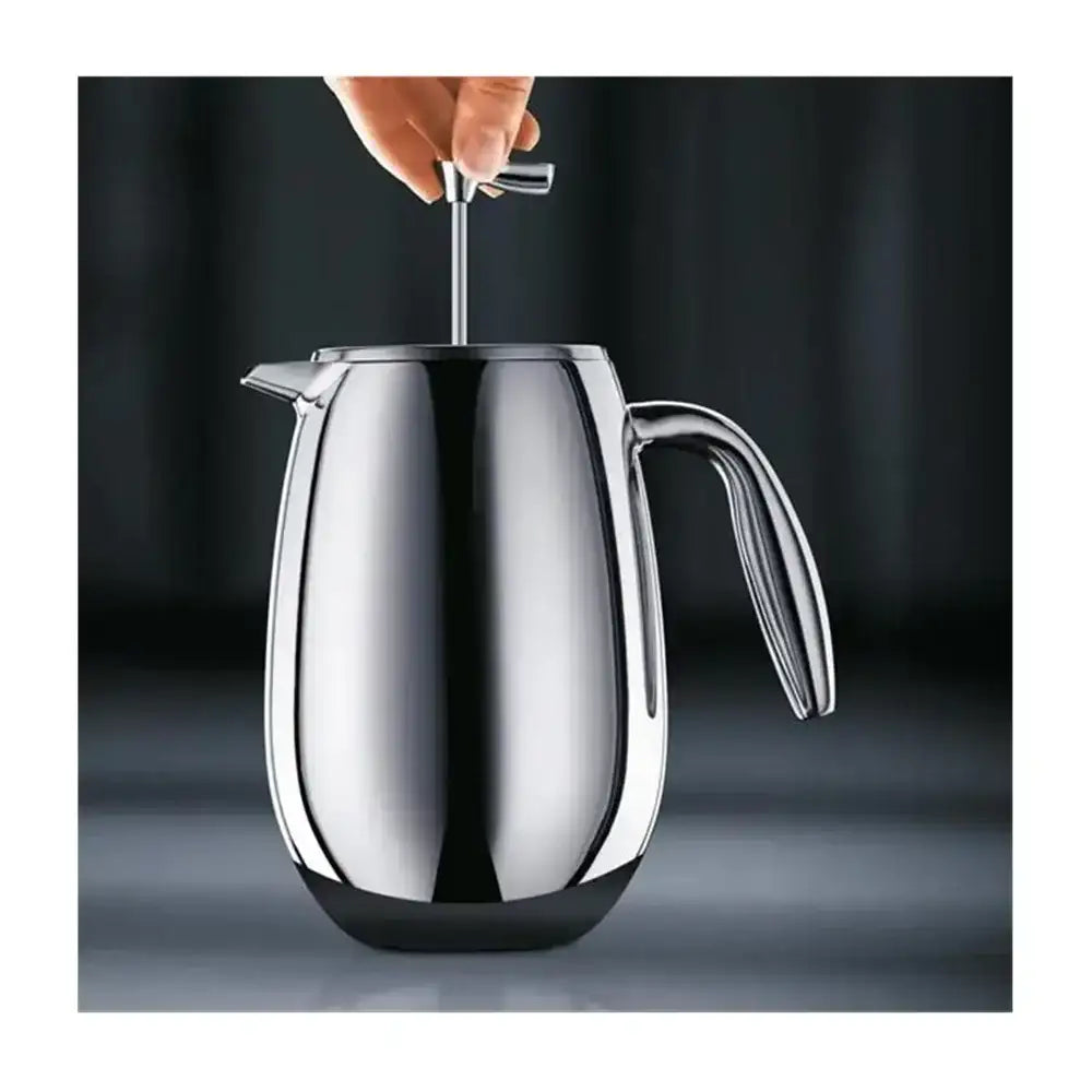 Stainless steel french press with handle on a dark background
